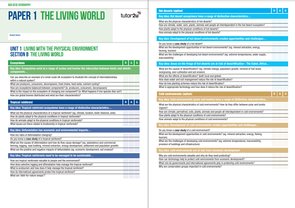 Student Handout: Paper 1 RAG Checklist For AQA GCSE Geography ...