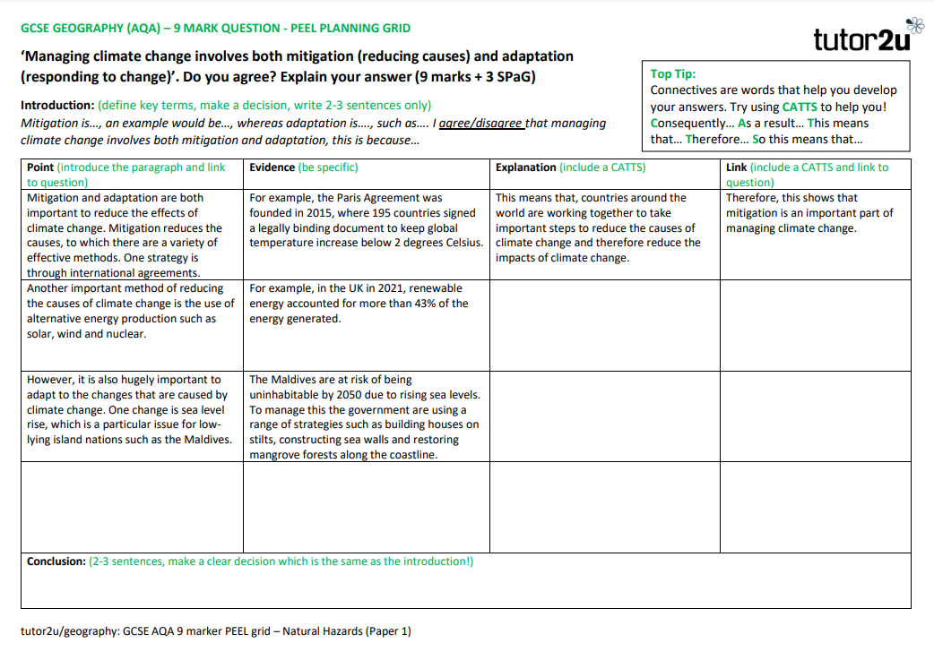 PEEL 9 Mark Question Planning Grid | AQA GCSE Geography | Paper 1: The ...