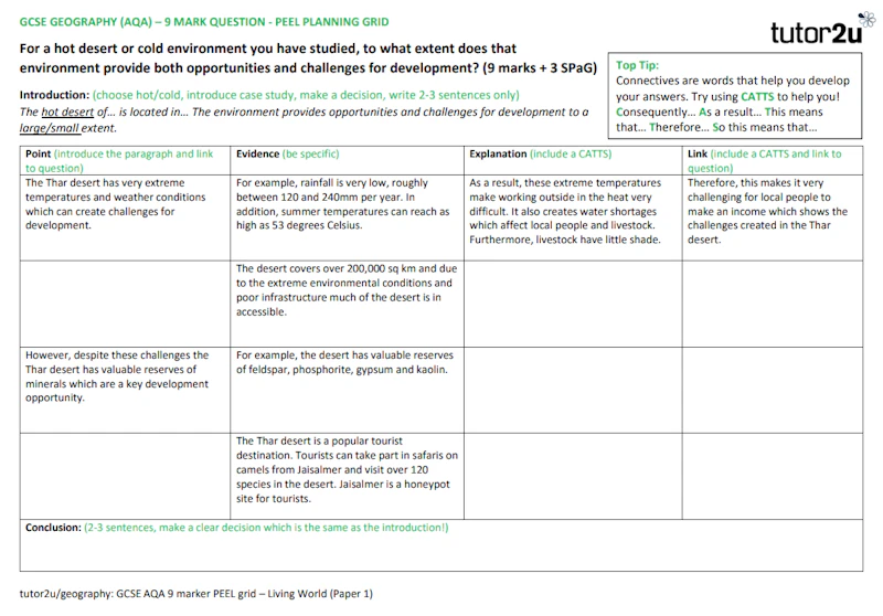 PEEL 9 Mark Question Planning Grid | AQA GCSE Geography | Paper 1: The ...